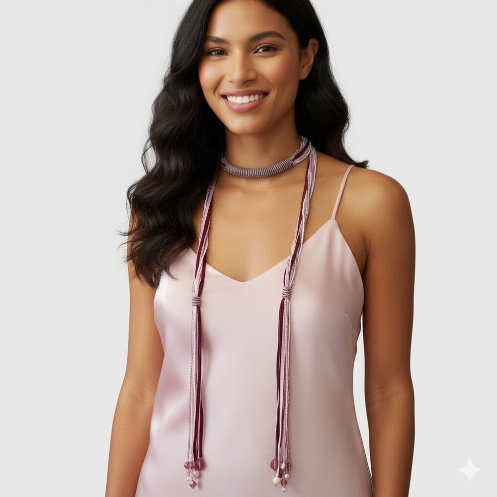 Stylish Burgundy and Pink Long Scarf Necklace